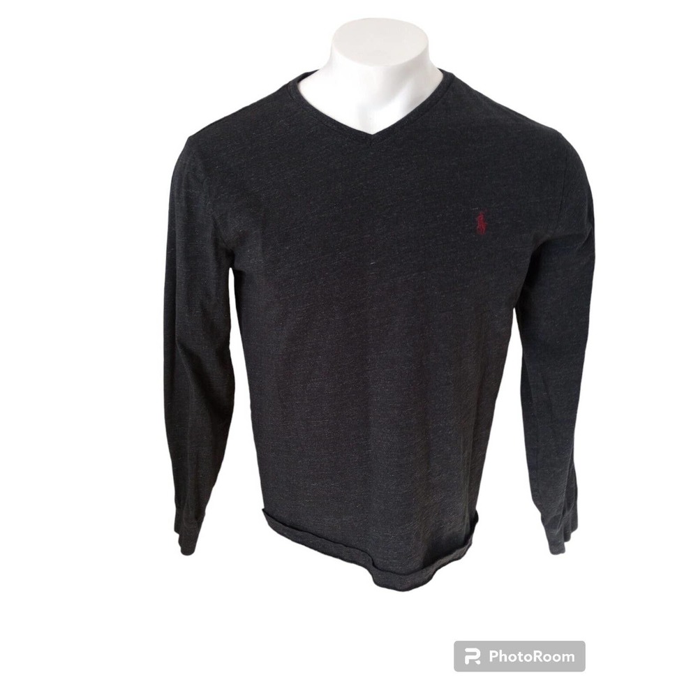 Polo Ralph Lauren T Shirt Mens M Gray Heather Red V Neck Long Sleeve